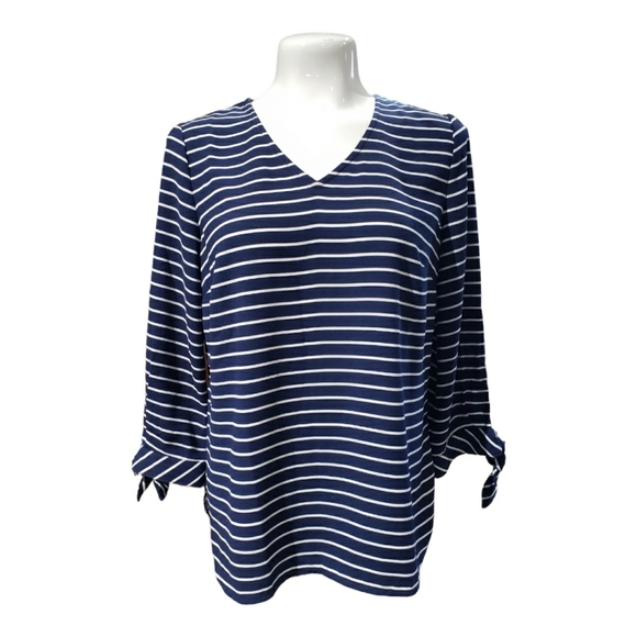 NWOT TALBOTS BLUE AND WHITE STRIPED TIE SLEEVE V-NECK BLOUSE. - Picture 2 of 6